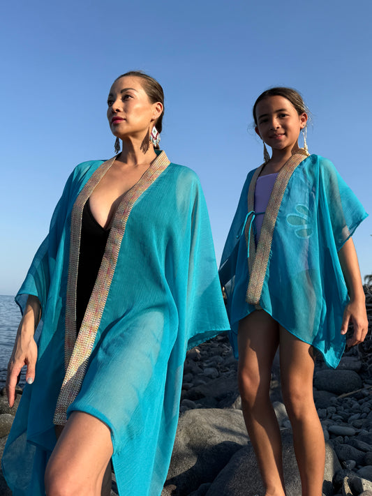 Lara women and girls teal chiffon beach kaftan matching set Dubai slow fashion beachwear