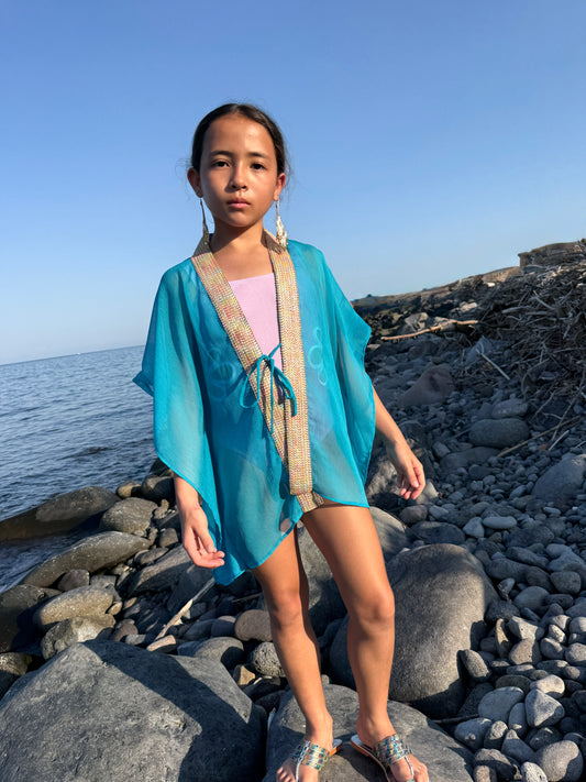 Dubai girls teal chiffon beach kaftan resort wear, sustainably made in Bali