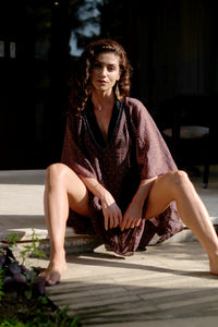 luxury v-neck leopard print kaftan with hand-sewn blue beads, sheer chiffon beach cover-up Dubai