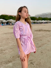 Load image into Gallery viewer, Dubai kids&#39; beachwear – lilac kids beach kaftan with pearl bead detailing and detachable belt