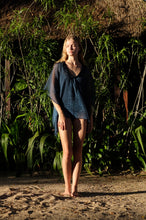 Load image into Gallery viewer, Eco-friendly Shani V-neck kaftan in teal with black bead detail, sustainably crafted in Bali, available for sale online in Dubai.