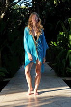 Load image into Gallery viewer, Women&#39;s turquoise and gold beach kaftan, perfect for beach and evening wear in Dubai, sustainably made in Bali
