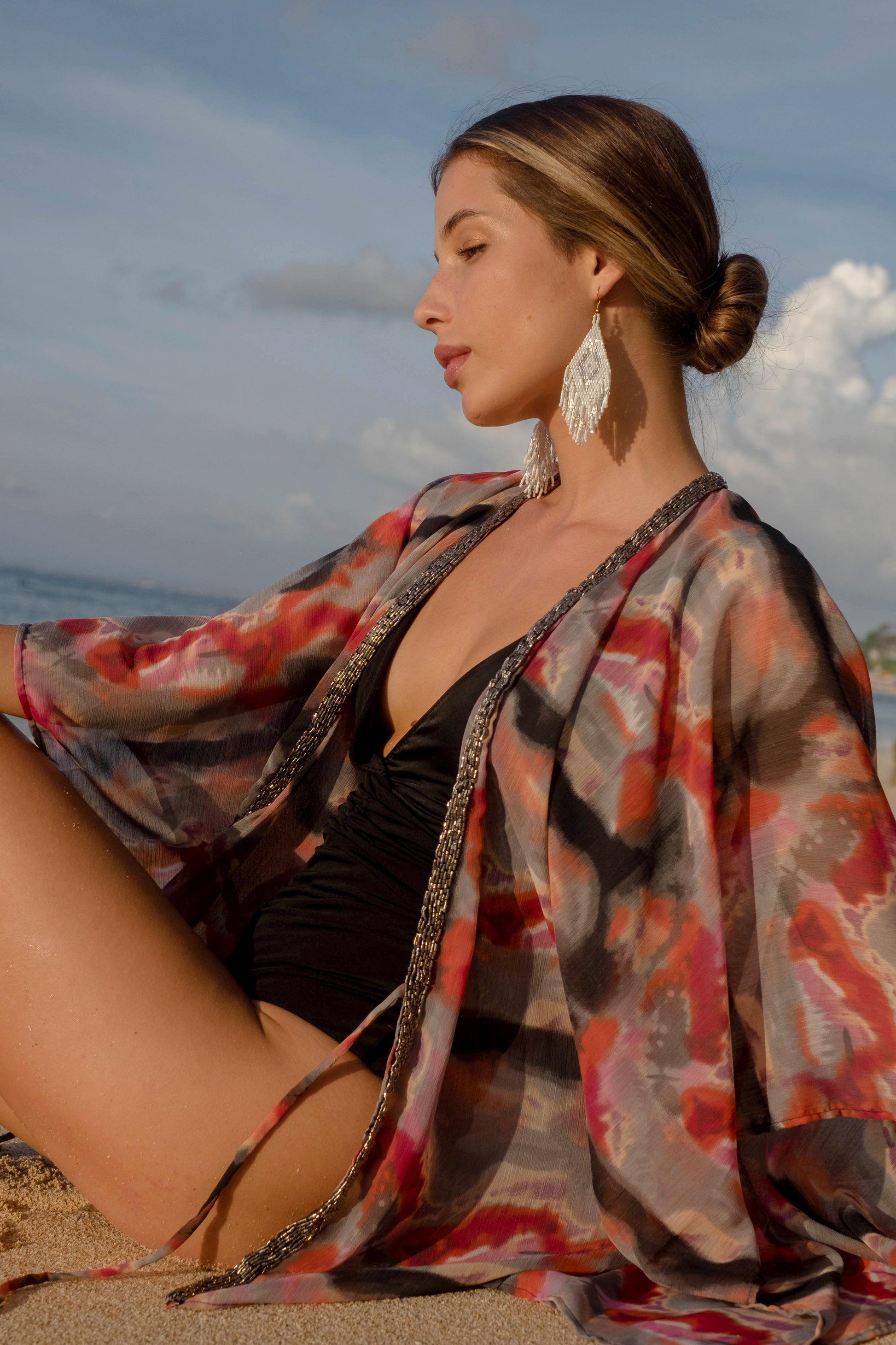 The Paloma boho-luxe ombre chiffon beach kaftan for Dubai holidays, featuring silver beaded neckline and flowy silhouette