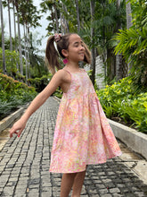 Load image into Gallery viewer, Dubai Girls’ Beach Dress – Light Pink &amp; Yellow Batik Swirl Cotton Sundress for beach days and casual outings in Dubai
