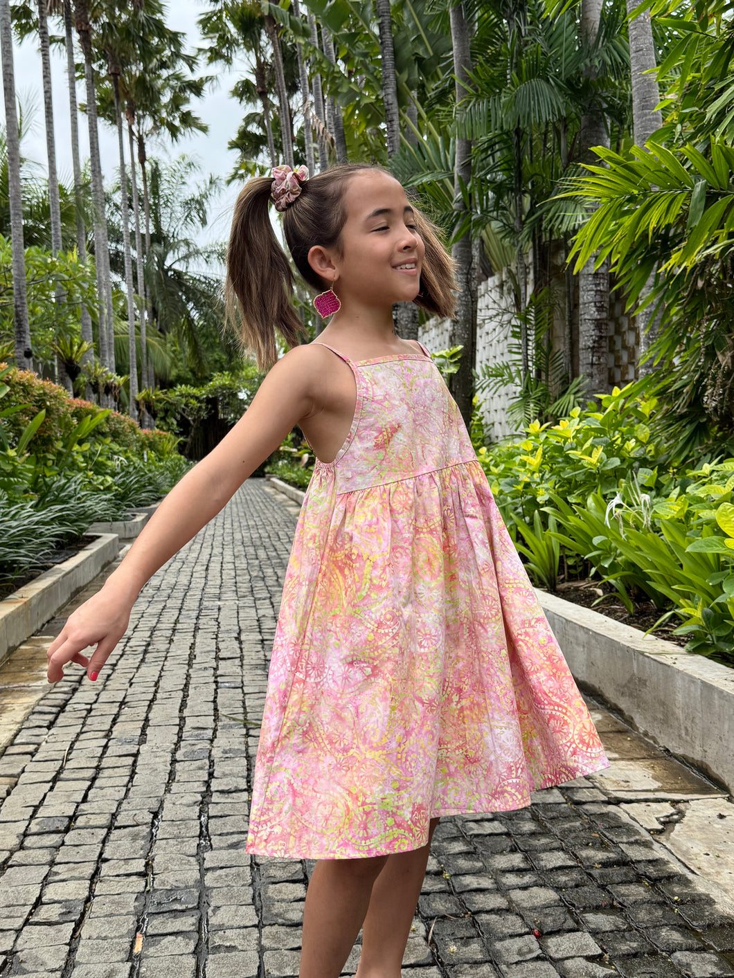Dubai Girls’ Beach Dress – Light Pink & Yellow Batik Swirl Cotton Sundress for beach days and casual outings in Dubai
