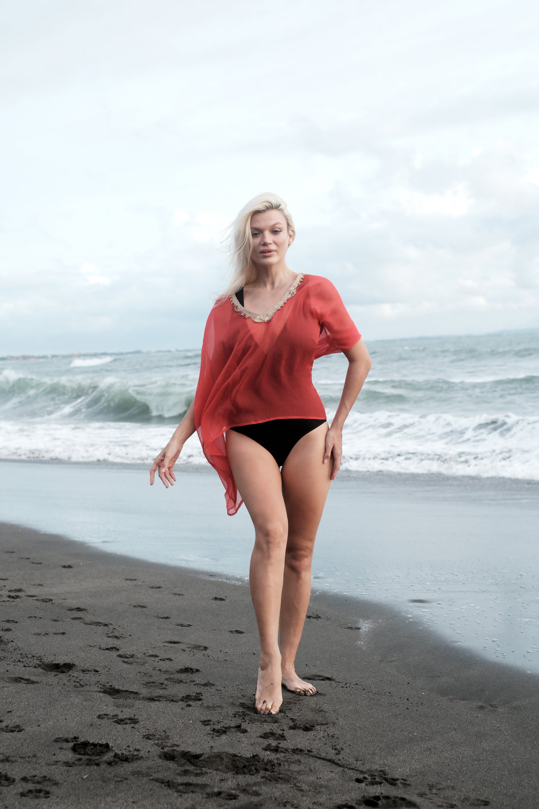 Handmade burnt orange beach kaftan cover-up for women in Dubai with gold saree trim