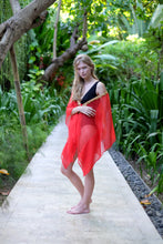 Load image into Gallery viewer, Nafeesa women&#39;s red beach kaftan with gold saree trim, sustainable resort kaftan made in Bali for women looking for best swimsuit cover ups in Dubai
