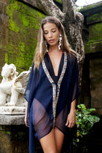 Load image into Gallery viewer, Navy blue beach kaftan with gem shaped bead trim, handmade in Bali – ethical resort wear for Dubai