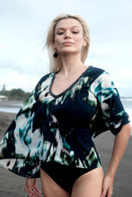 Load image into Gallery viewer, Ethically made in Bali, navy abstract beach kaftan top with hand-sewn metallic blue beads
