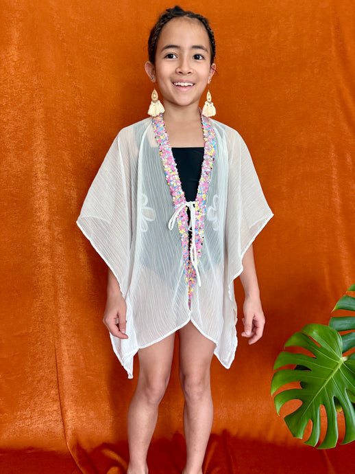 Nova Bali-made white kids beach kaftan with rainbow sequins for girls in dubai