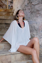 Load image into Gallery viewer, Sustainable Orla white lurex v-neck beach kaftan made in Bali for Dubai shoppers
