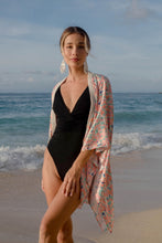 Load image into Gallery viewer, Beautiful satin beachwear for women in Dubai, shop the Sakura pastel floral satin women&#39;s beach kaftan swimsuit cover up