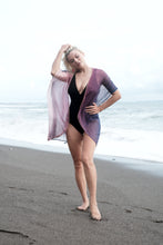 Load image into Gallery viewer, Ombre purple chiffon kaftan with rose gold neckline, versatile beach kimono cover-up for beach days in Dubai