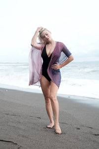 Ombre purple chiffon kaftan with rose gold neckline, versatile beach kimono cover-up for beach days in Dubai