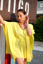 Load image into Gallery viewer, Dubai beach kaftans for women in yellow with indian inspired neckline trim and belt for cinched waist, perfect for dubai holidays
