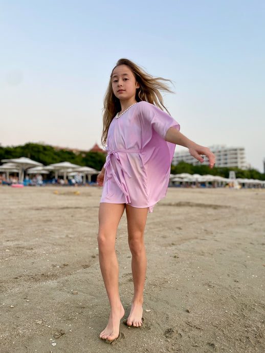Saeta lilac kids kaftan with pearly beaded neckline – stylish beachwear
