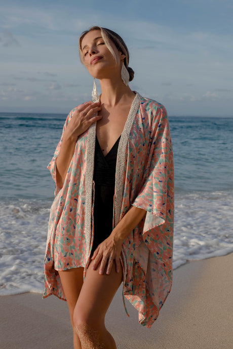 Sakura pastel floral satin women's beach kaftan swimsuit cover up for Dubai's beautiful beaches and beyond!