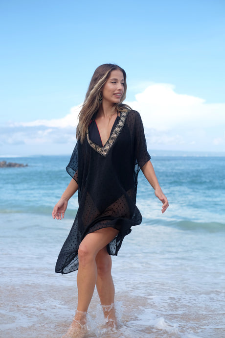 Sustainable Sanya V-Neck Women's Black Beach Kaftan Cover Up with gold embroidery, eco-friendly resort wear made in Bali, available online in Dubai.