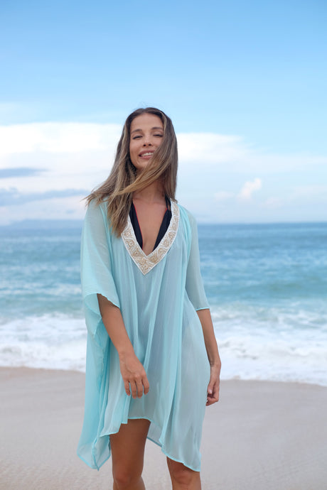Sustainable Sanya V-Neck Mint Kaftan with gold embroidery, resort wear made in Bali, shop online in Dubai.