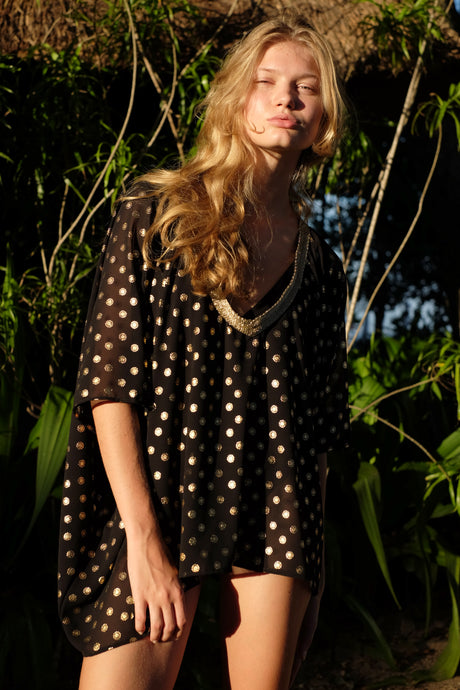 Sustainable Seema V-Neck Black Kaftan with Gold Motif, women's resort wear made in Bali, available online in Dubai.