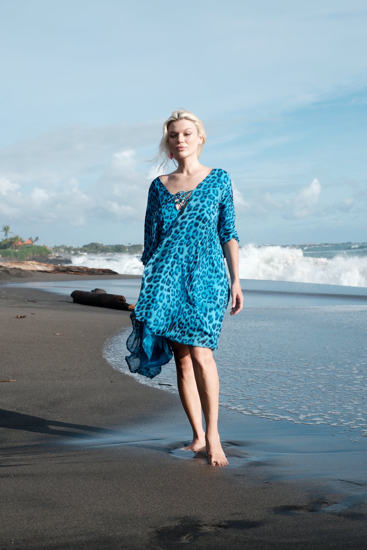 Seraphina blue leopard silk chiffon kaftan dress, luxury beachwear made in Bali
