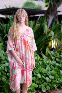 Seraphina floral chiffon kaftan dress in vibrant hues, perfect for beach days in Dubai