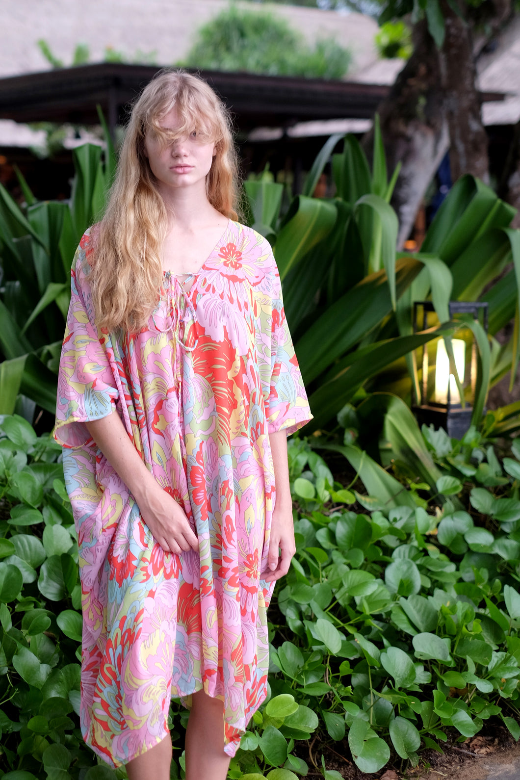 Seraphina floral chiffon kaftan dress in vibrant hues, perfect for beach days in Dubai