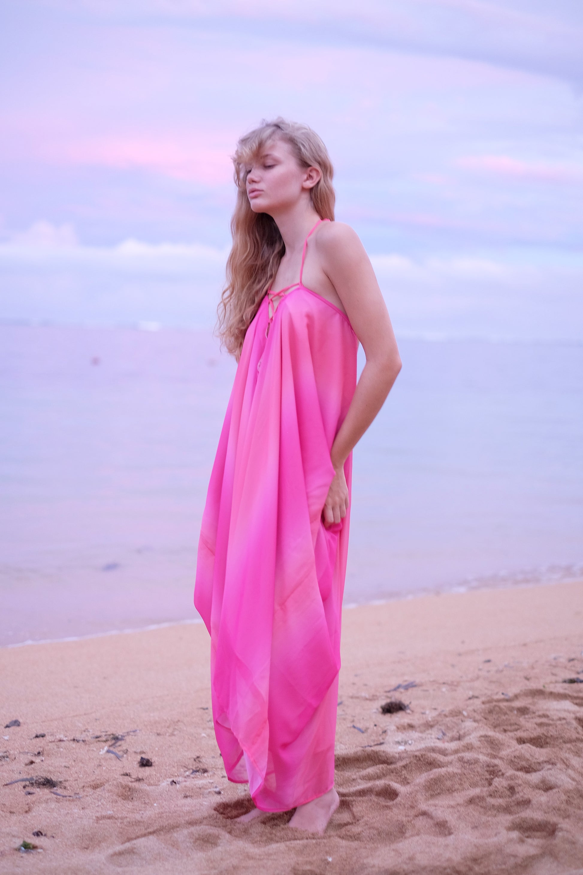 Seraphina ombre kaftan dress styled as a halter dress with flowing chiffon fabric, made in Bali for women in Dubai