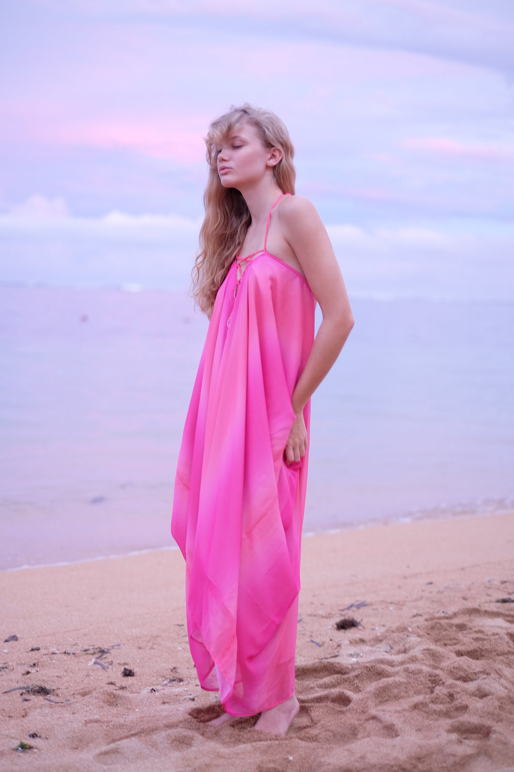 Seraphina ombre kaftan dress styled as a halter dress with flowing chiffon fabric, made in Bali for women in Dubai