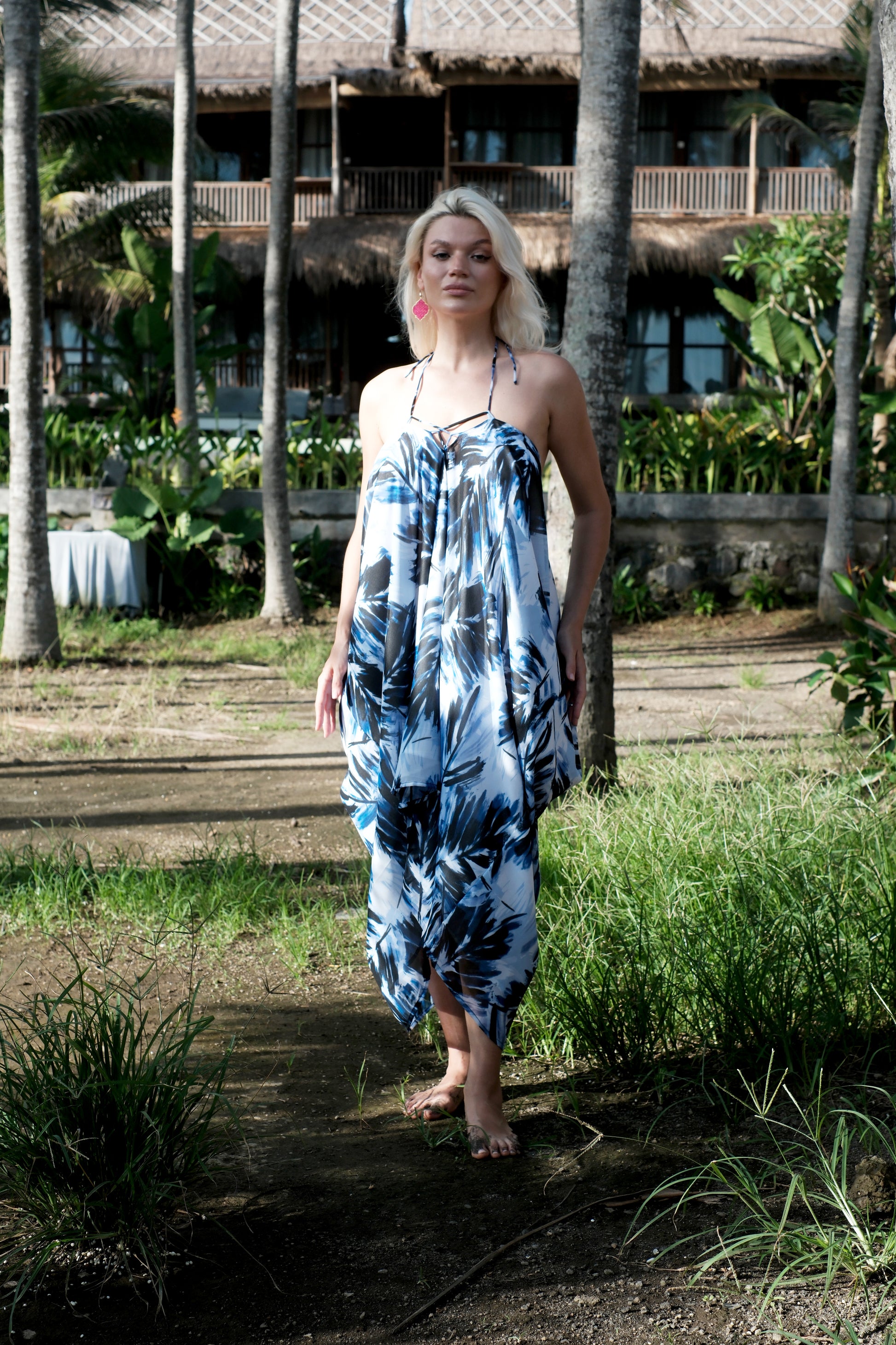 Seraphina Tropical Blue palm print halter dress made in Bali for Dubai resort wear