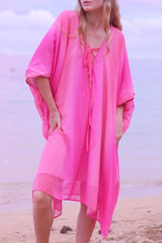 Load image into Gallery viewer, Elegant v-neck Seraphina kaftan beach dress in ombre chiffon, perfect for Dubai resort wear.