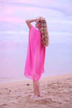 Load image into Gallery viewer, Back view of hot pink ombre Seraphina kaftan midi beach dress, sustainably made in Bali for women in Dubai