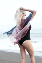 Load image into Gallery viewer, Multiway kimono beach cover-up in purple ombre chiffon, sustainable luxury resort wear

