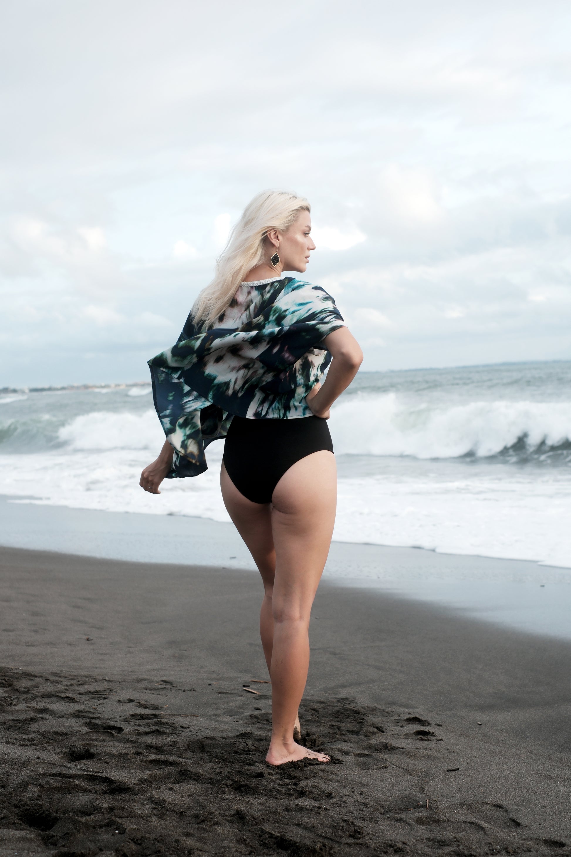 Navy chiffon resortwear top with white bead trim handmade in Bali for women in Dubai