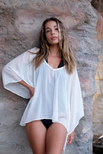 Load image into Gallery viewer, White lurex beach kaftan swimsuit cover up in Dubai, sustainable women&#39;s resort wear fashion apparel made in Bali for ladies in Dubai
