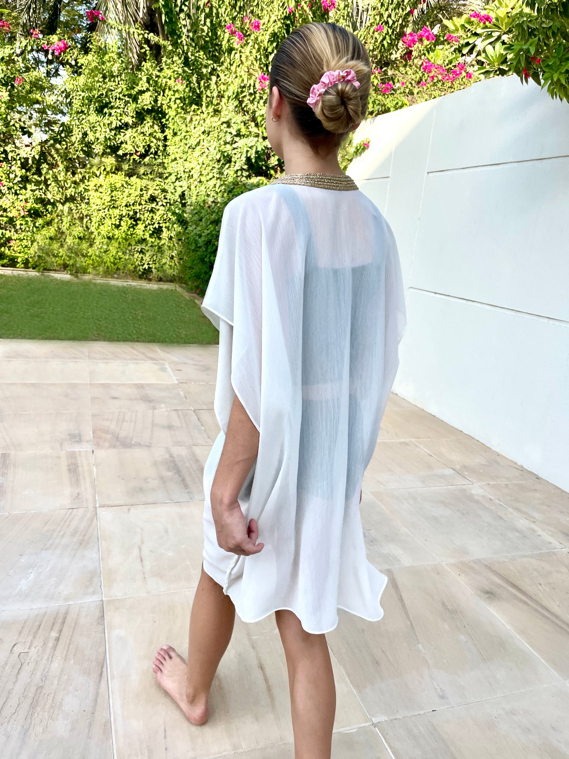Eco-friendly slow fashion girls beach cover-up in white chiffon with rose gold accents, Dubai resort wear

