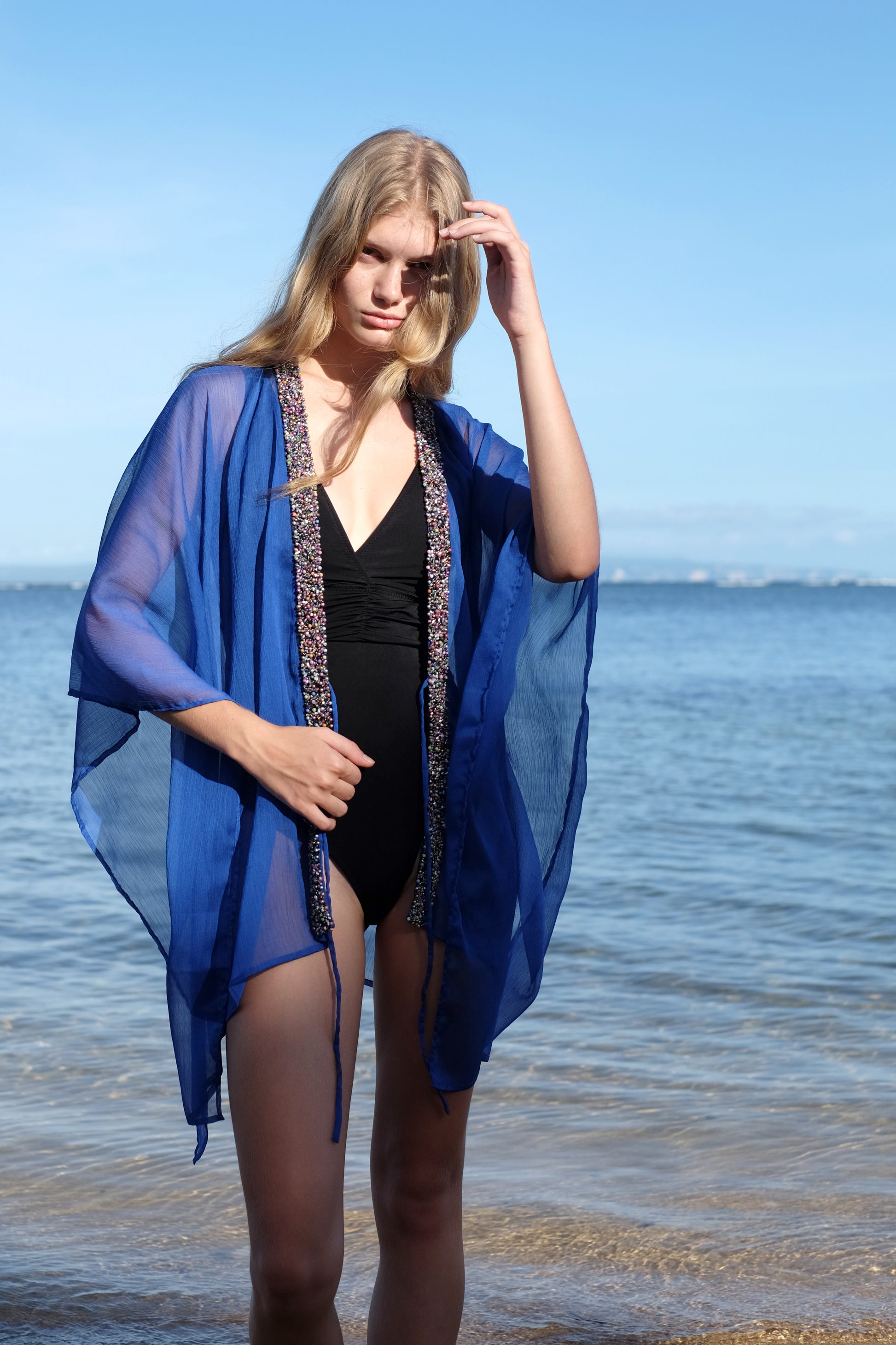 Sofi Lapis Blue Beach Kaftan with Hand-Sewn Bead Trim for women looking for best beach kaftans in Dubai