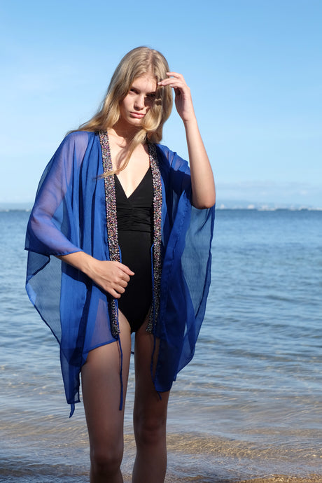 Sofi Lapis Blue Beach Kaftan with Hand-Sewn Bead Trim for women looking for best beach kaftans in Dubai