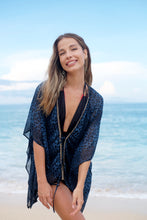 Load image into Gallery viewer, Women&#39;s petite teal leopard print beach kaftan with gold chain neckline trim, Chic and glamorous beach cover-up in teal leopard print in Dubai
