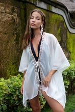 Load image into Gallery viewer, Handmade in Bali women&#39;s swimsuit cover up kaftan with delicate rose gold beaded trim, sustainable resort wear in Dubai
