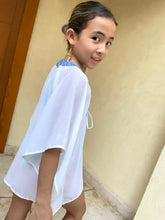 Load image into Gallery viewer, Sustainable kids beach kaftan with pink and blue parang batik design, handmade in Bali and available in Dubai.

