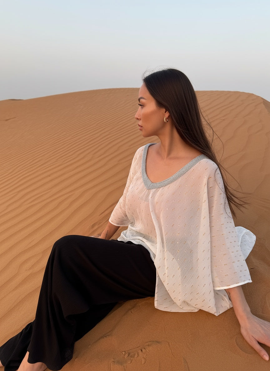 white crepe chiffon kaftan top for the beach and beyond in dubai
