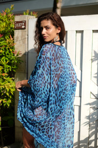 Sustainable resort wear Dubai – Amalia women's silk chiffon kaftan in vibrant leopard print, handcrafted for effortless luxury for women looking for best beach kaftans in dubai