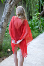Load image into Gallery viewer, Women&#39;s red luxury beach kaftan with a lightweight, breezy chiffon drape and gold neckline trim. Sustainable beachwear made in Bali for women looking for best beach cover ups for the beach in Dubai
