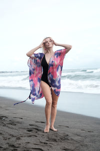 Textured ombré chiffon kaftan with luxe rose gold embellishments – perfect beach cover-up for beaches in Dubai and beyond
