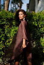 Load image into Gallery viewer, Back view of Tamala sheer leopard print resort wear beach kaftan with v-neckline and luxe detailing, perfect for Dubai fashion and holidays

