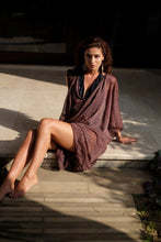 Load image into Gallery viewer, tamala v-neck leopard beach dress in textured chiffon with metallic blue beading, perfect Dubai holiday style