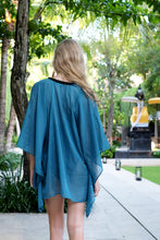 Load image into Gallery viewer, Sustainable Bali-made teal green kaftan with hand-sewn bead details, luxury beach fashion for women in dubai
