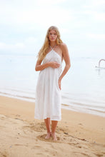 Load image into Gallery viewer, Elegant textured white chiffon halter dress, ideal for beach outings or casual evenings in Dubai.