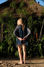 Load image into Gallery viewer, Sustainable Shani V-Neck Teal Kaftan with black bead detail, resort wear made in Bali, available online in Dubai.